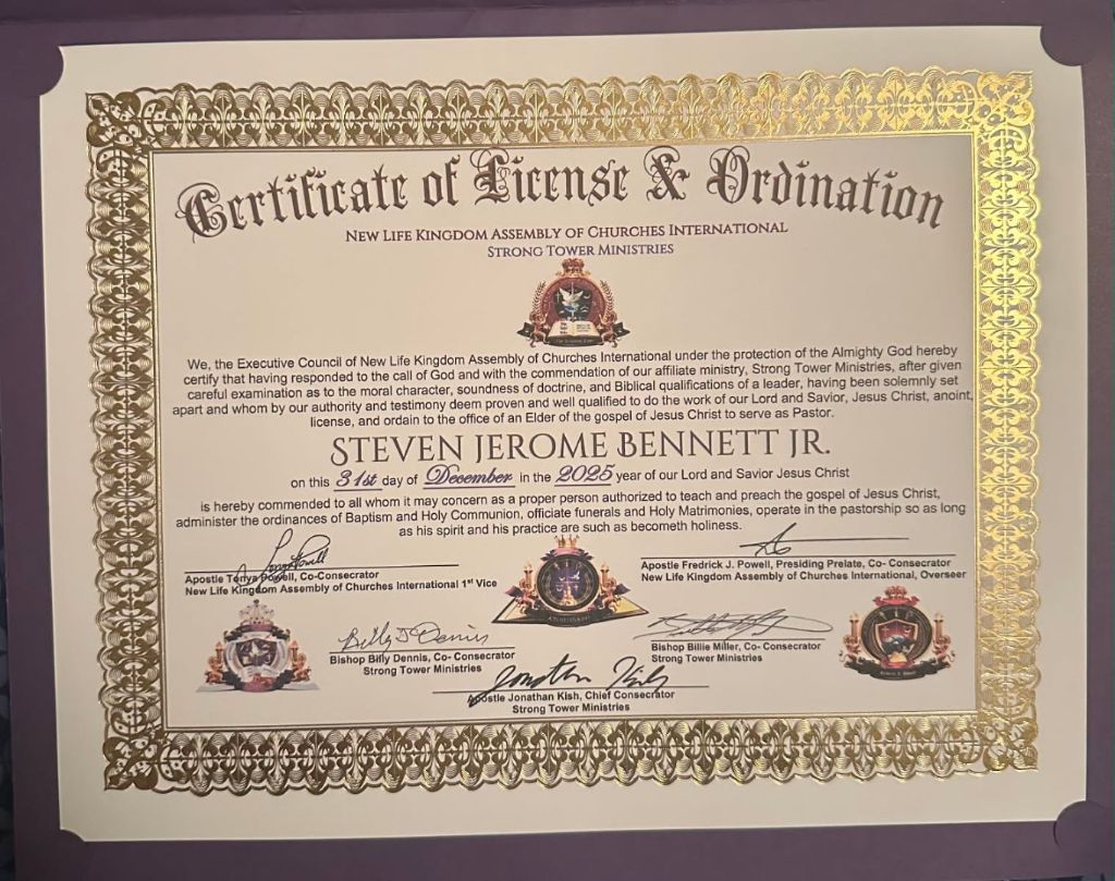 Certificate of License & Ordination for Steven Jerome Bennett Jr.